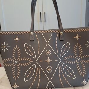 NWOT Henri Bendel Dark Gray Saffiano Leather West 57th Stitched Patterned Tote